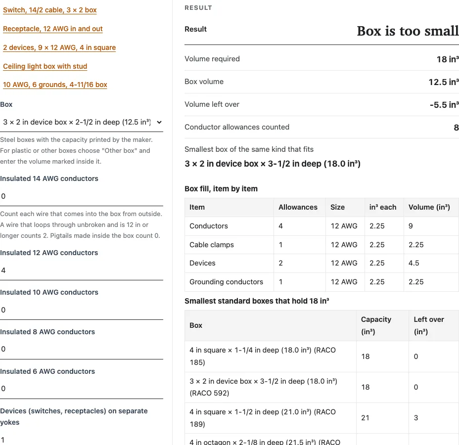 Box fill calculator example