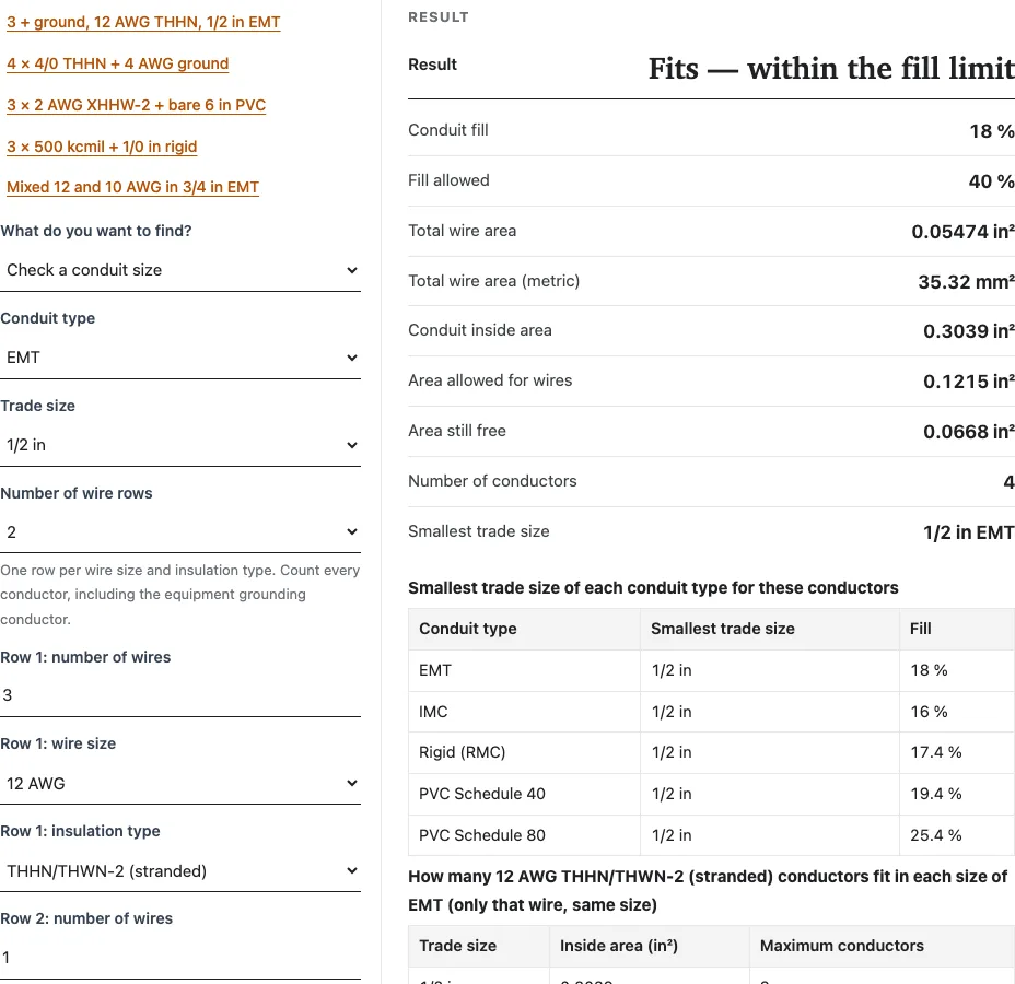 Conduit fill calculator example