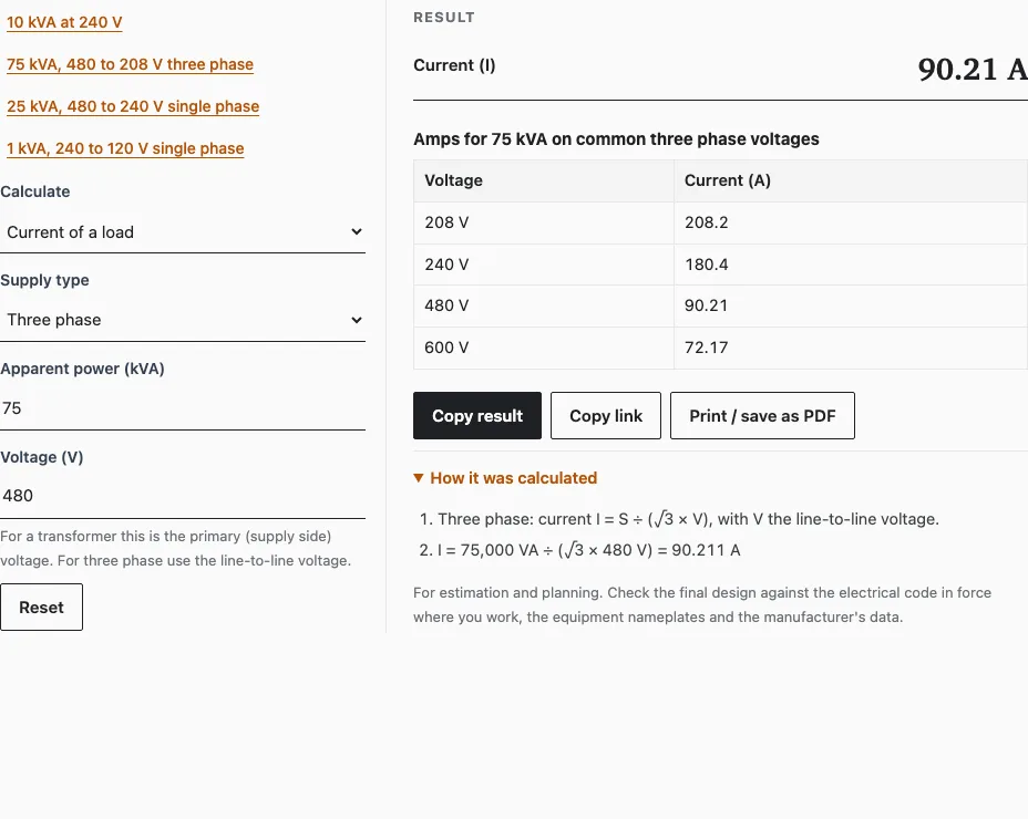 Kva to amps calculator example