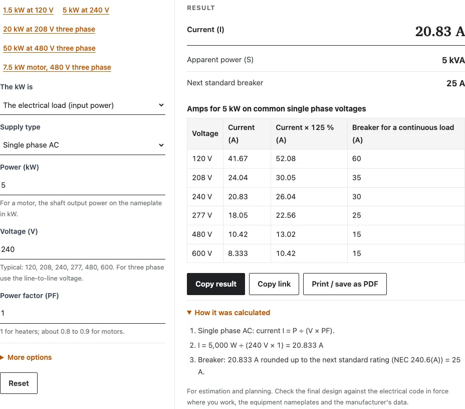 Kw to amps example
