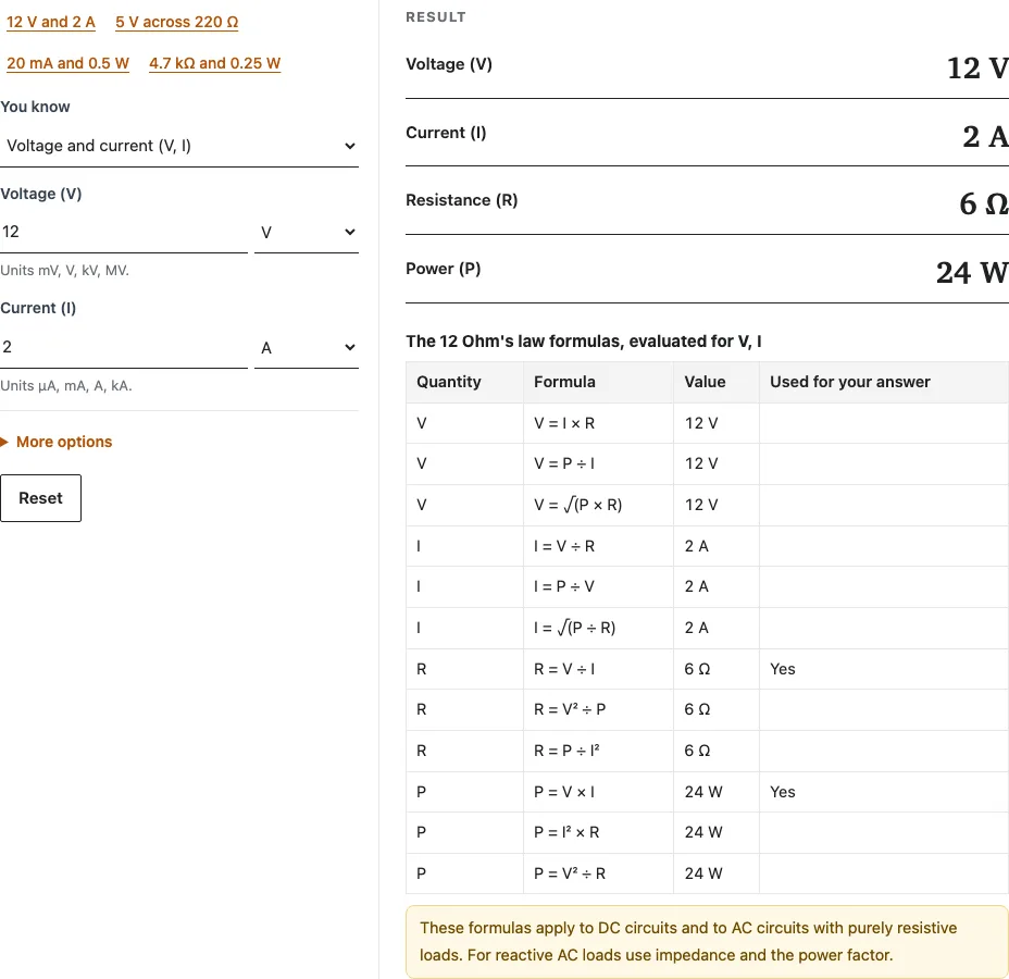 Ohms law calculator example