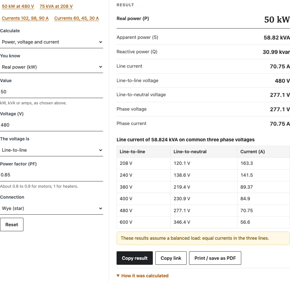 Three phase power calculator example