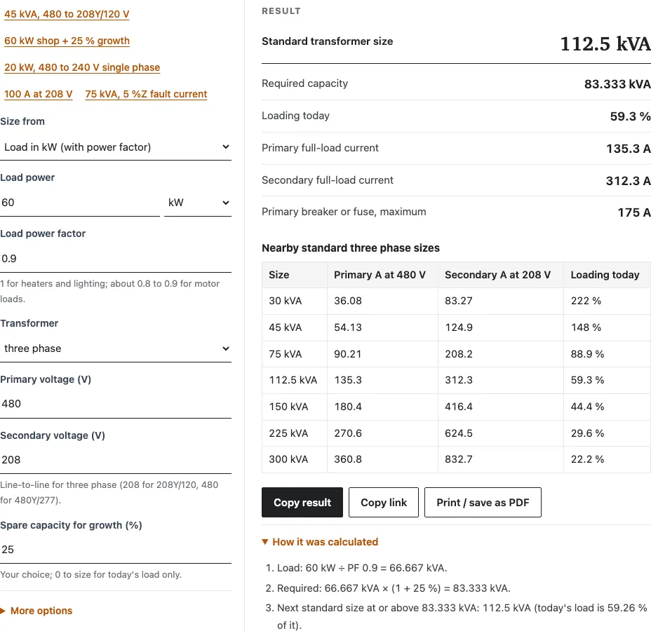Transformer calculator example