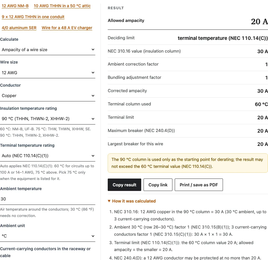 Wire ampacity calculator example